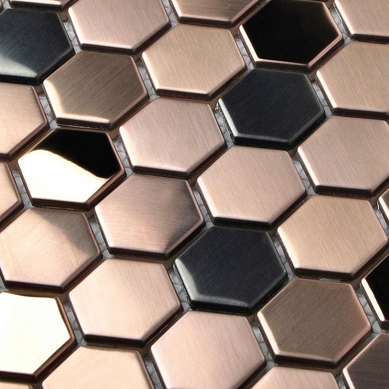 Blujellyfish Hexagon Stainless Steel Brushed Mosaic Tile Bronze Copper Color Black Bathroom Kitchen Backsplash Shower Floor Tiles Accent Mosaics Tile Sheets (5 Square Feet) - Image 2